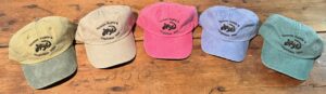 Five hats: two toned, khaki, hot pink, blue, green