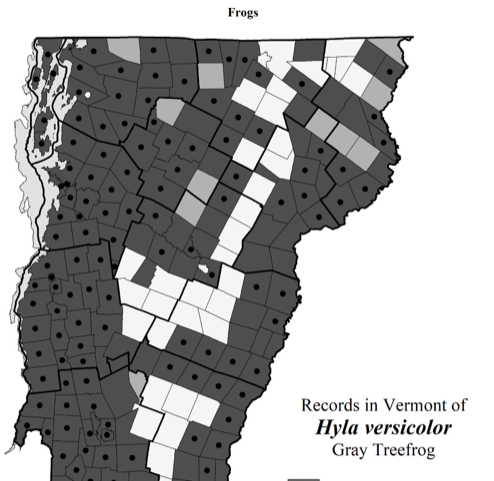 excerpt of map showing the distribution of Gay Treefrogs in Vermont