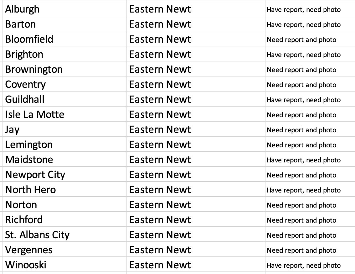 a list of towns where Eastern Newt records are needed, including many towns in the northeastern portion of Vermont.